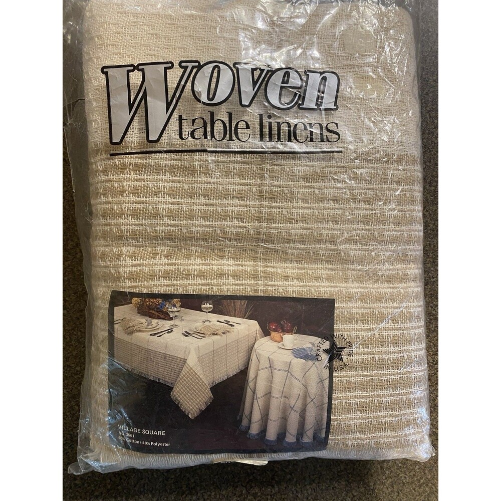 VTG NEW VILLAGE SQUARE Tablecloth Tan Cream Woven Waffle Textured Fringe 60 x 84